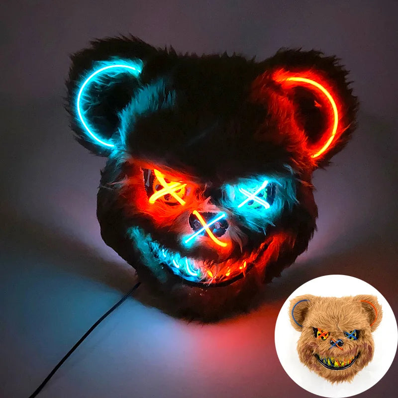 Hot Luminous LED Horror Mask for Halloween Cosplay Props Glowing Scary Mask Neon Light up Bloody Bear Mask Mascara Costume Decor