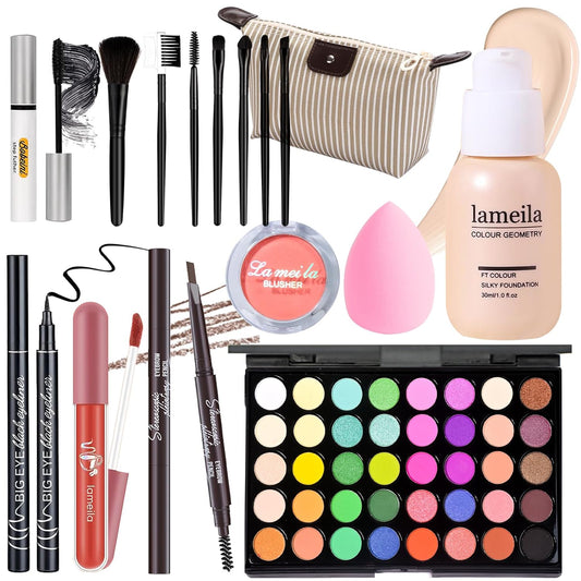 Makeup Set Full Kit for Girls Teens Women, Makeup Present Set, Includes Eyeshadow, Foundation, Blusher, Eyebrow Pencil, Mascara, Eyeliner, Brushes, Lip Gloss, Sponge, Cosmetic Bag