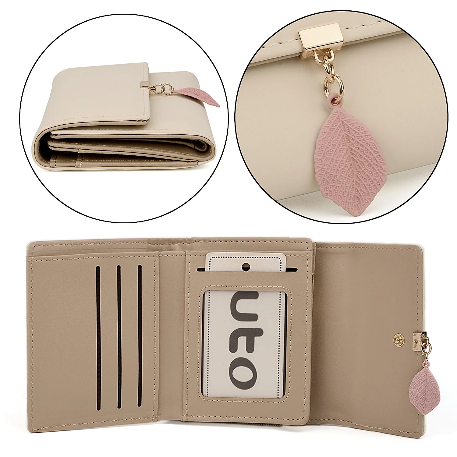 Small Wallet for Women PU Leather RFID Blocking Card Holder Zipper Coin Purse with Leaf Pendant(Khaki)