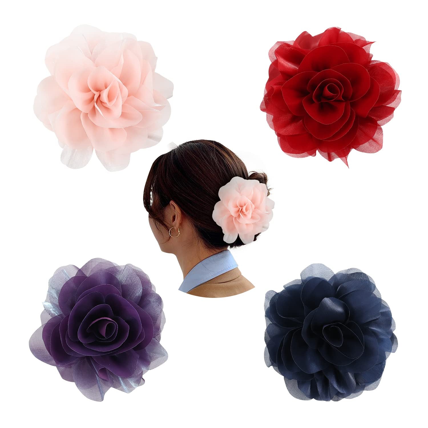 4 Pack Chiffon Big Rose Flower Bow Plastic Hair Claw Clips Barrettes Clamps Pony