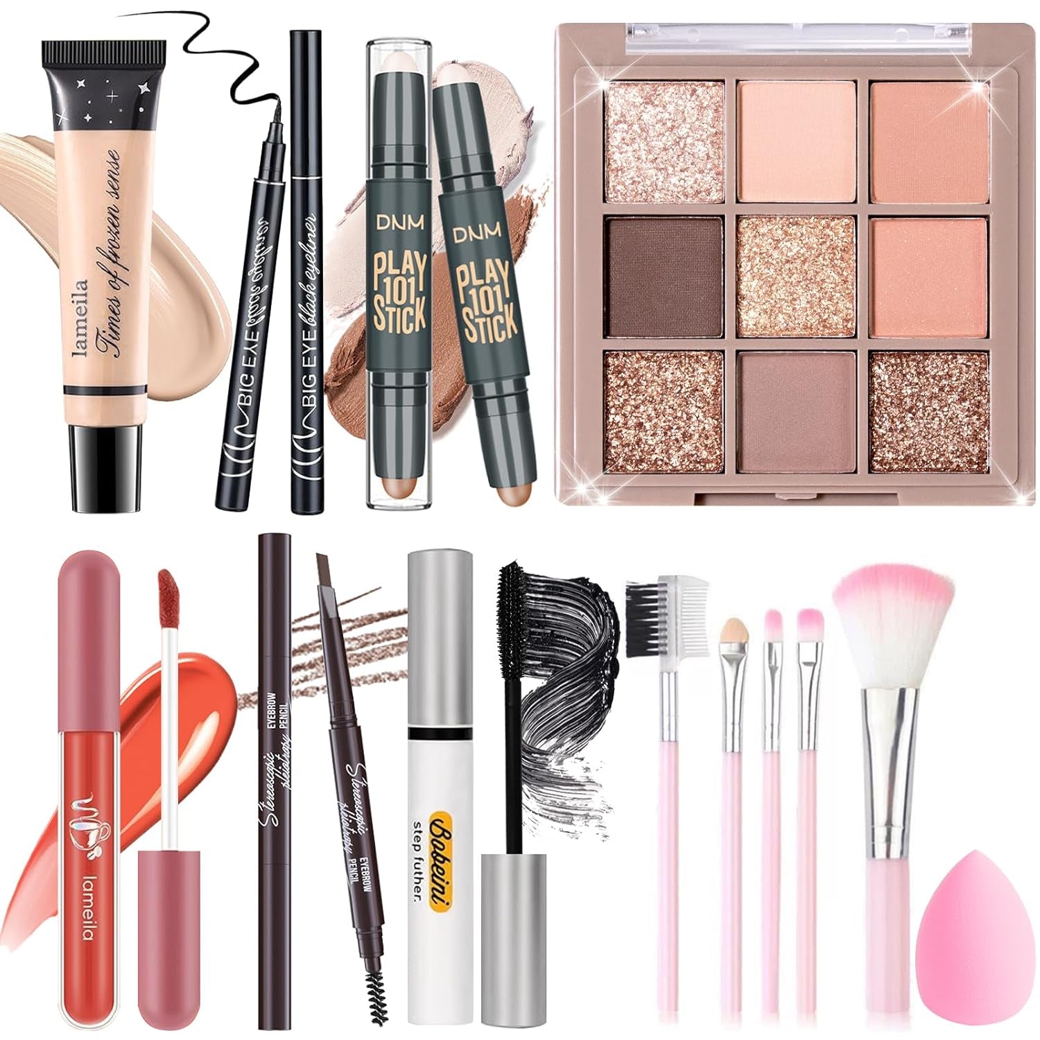 Makeup Set Kit for Women Girls Teens, Makeup Present Set, Includes 9 Color Eyeshadow, Counter Stick, Foundation, Eyebrow Pencil, Eyeliner, Mascara, Lip Gloss, 5Pcs Brushes, Sponge