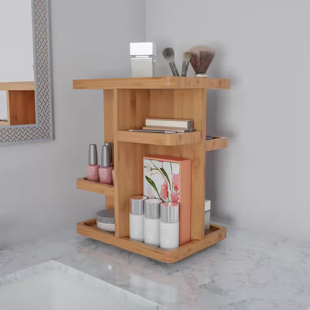 Rotating Bamboo Cosmetic Vanity Organizer