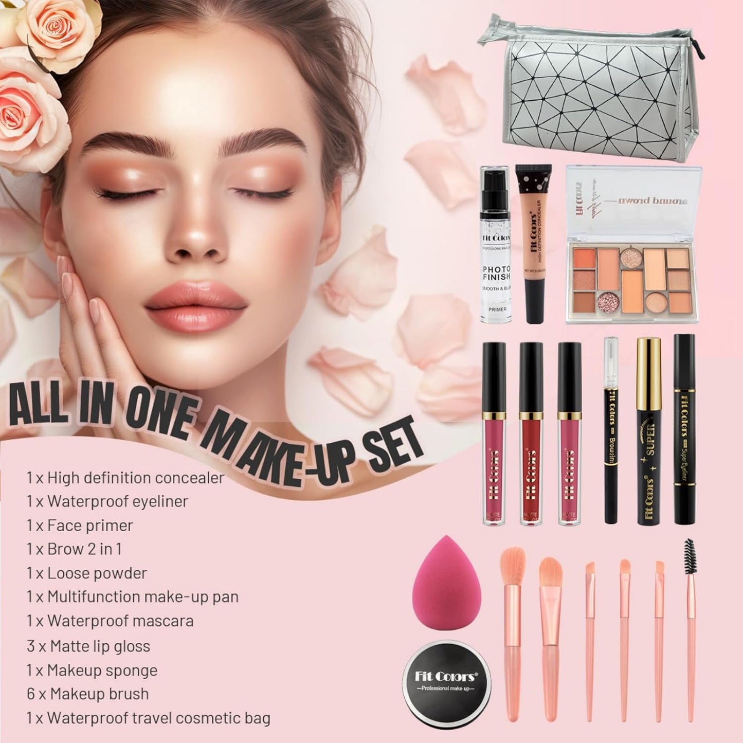 Makeup Set for Women & Girls, Travel Portable Full Makeup Set 18 PCS | Concealer, Lipstick, Primer, Eyeliner, Brush, Eyeshadow, Mascara, Loose Powder, Sponge Egg, Makeup Bag