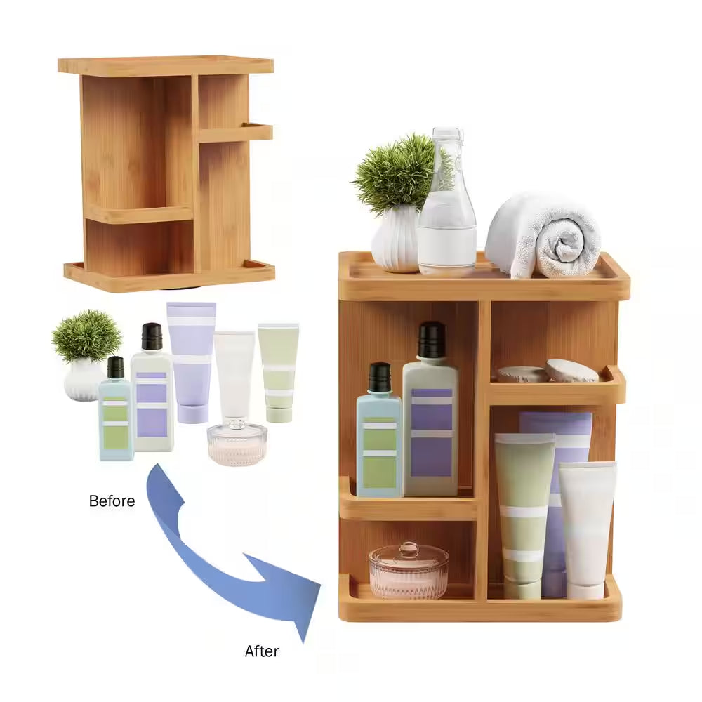 Rotating Bamboo Cosmetic Vanity Organizer