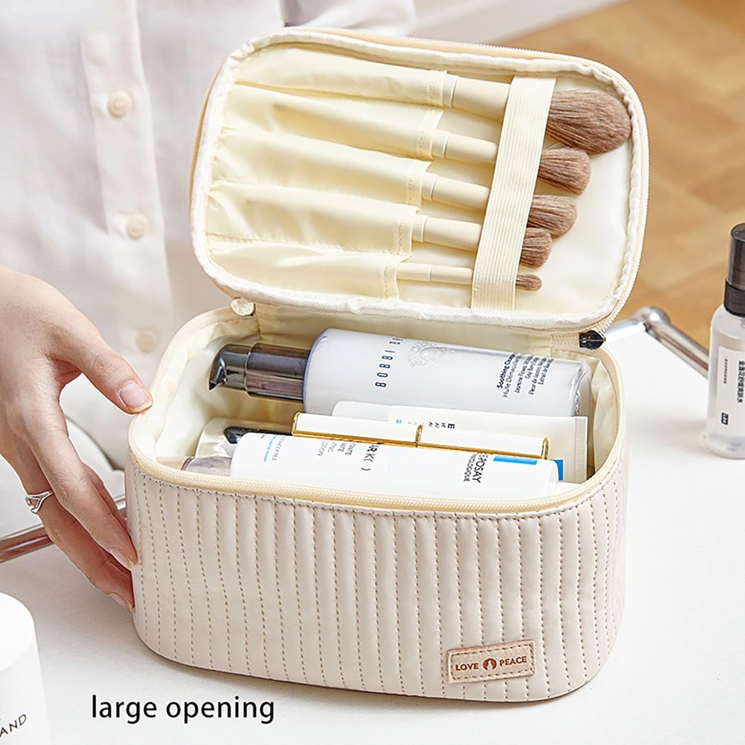 Large Makeup Organizer 2024 Pu Leather Waterproof Portable Large Cosmetic Bag Large Travel Toiletry Bag with Zipper Handle Skincare Bag for Women Girlfriend Birthday Gifts Valentines Day Gifts