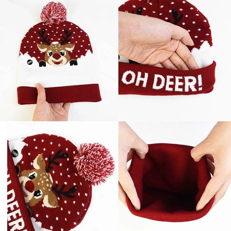 Cute LED Christmas Hat Light up Christmas Knitted Beanie Holiday Hat Warm Cap US