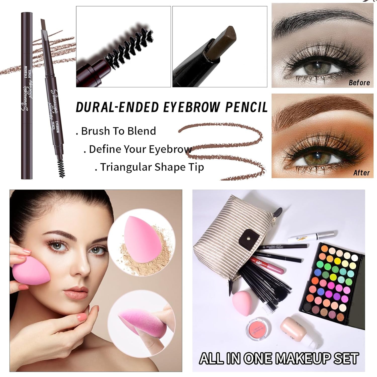 Makeup Set Full Kit for Girls Teens Women, Makeup Present Set, Includes Eyeshadow, Foundation, Blusher, Eyebrow Pencil, Mascara, Eyeliner, Brushes, Lip Gloss, Sponge, Cosmetic Bag